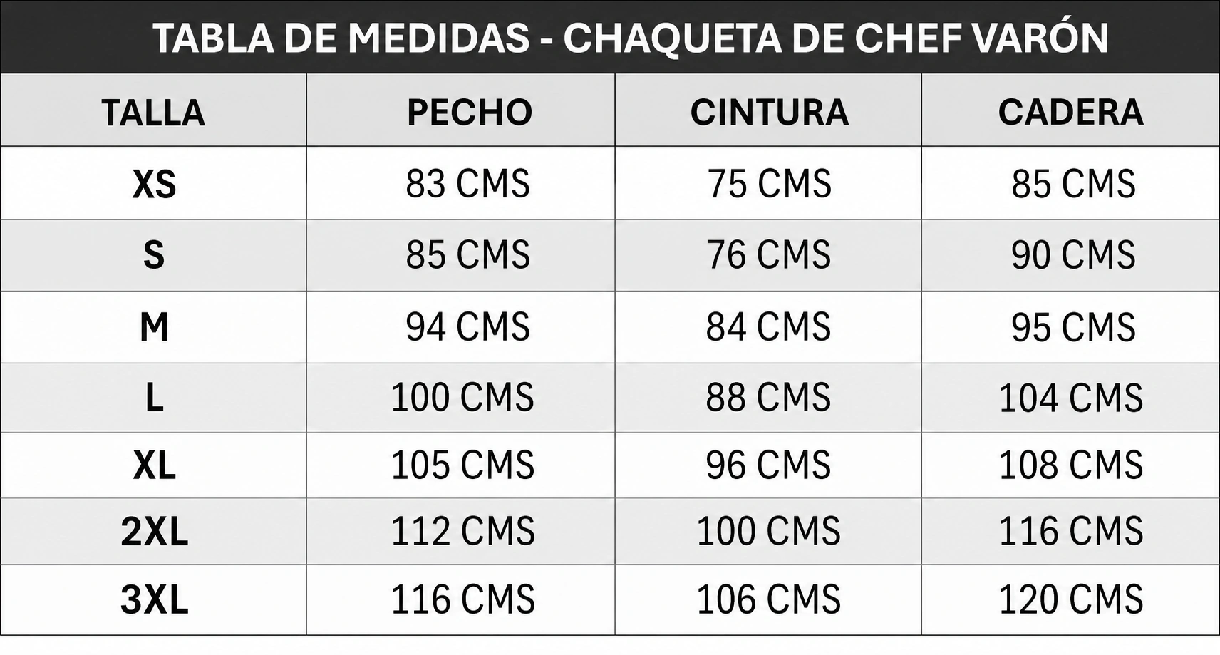 tabla chaqueta chef varon moderno