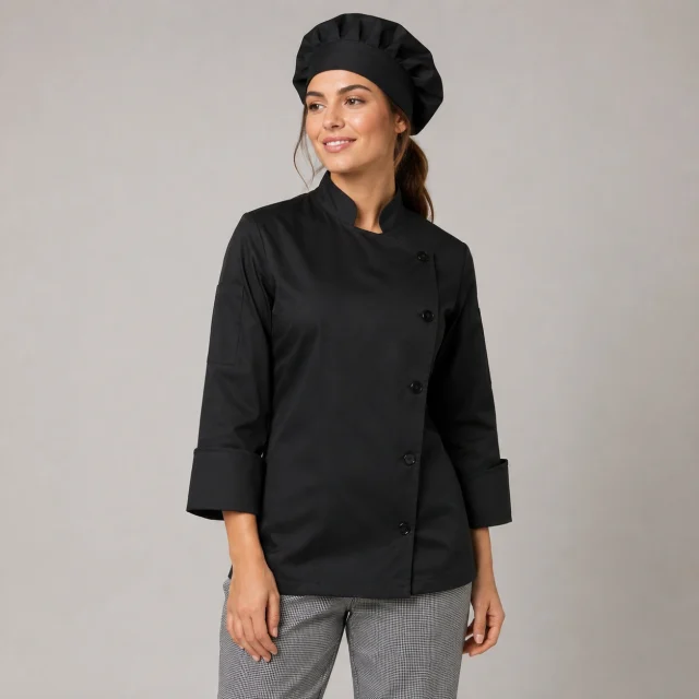 chaqueta chef negra elasticada boton dama