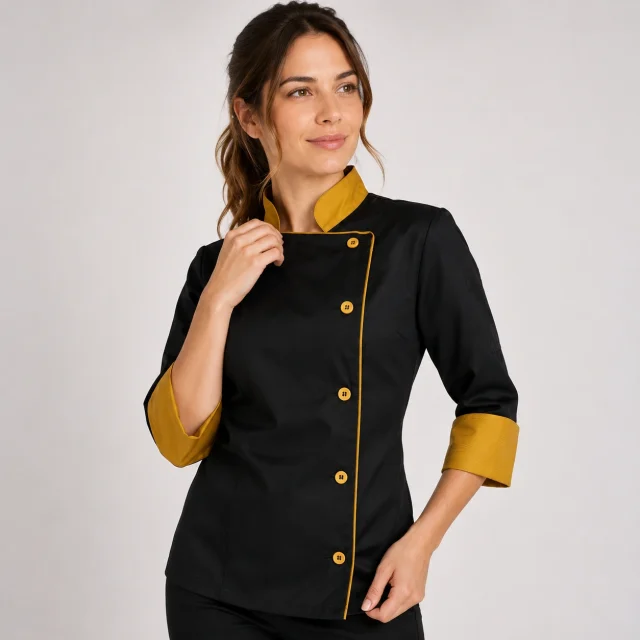 chaqueta chef negra mostaza boton dama (1)