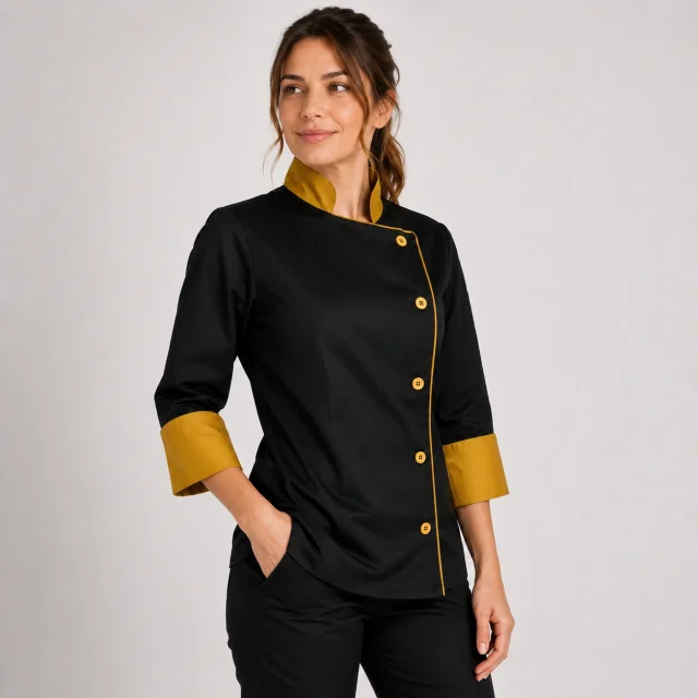 chaqueta chef negra mostaza boton dama (2)