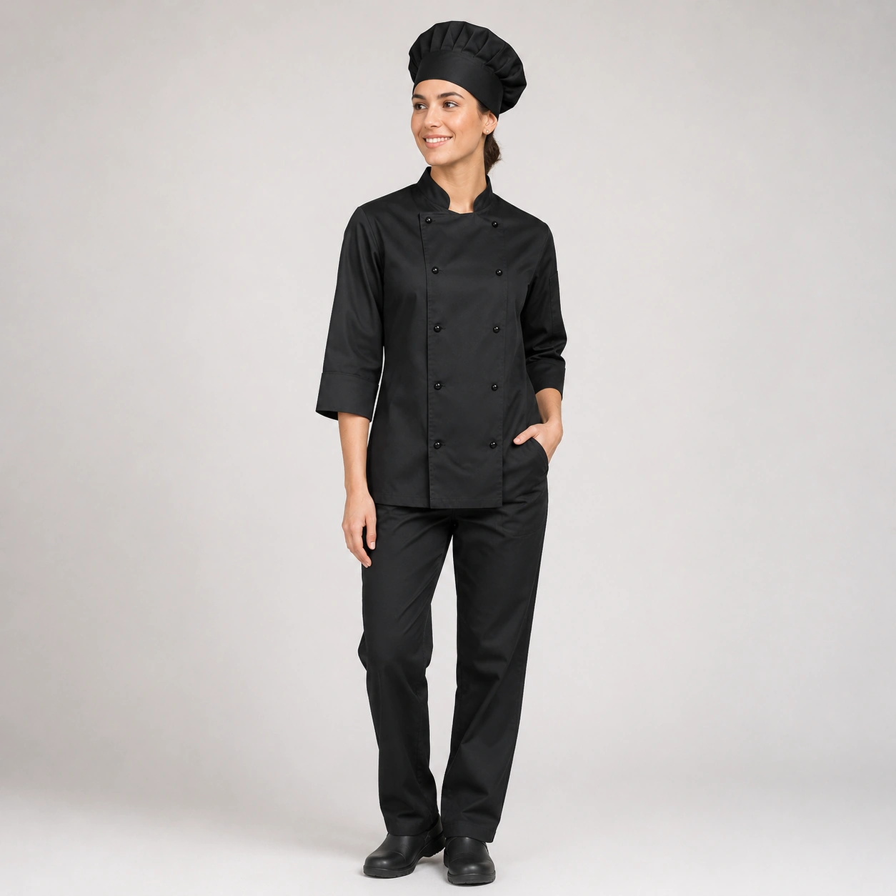 chaqueta chef negra doble boton gabardina unisex (3)