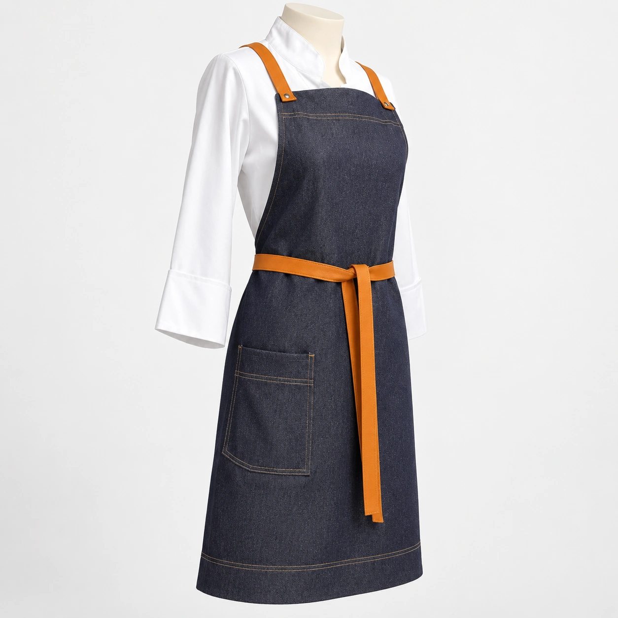 pechera de mezclilla con tiras mostaza, vista lateral sobre chaqueta blanca de chef