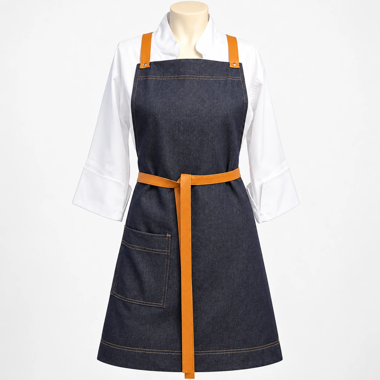 pechera de mezclilla azul oscuro con tiras mostaza y bolsillo, sobre chaqueta de chef