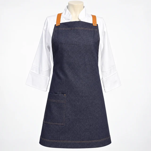 pechera de mezclilla azul con tiras mostaza y bolsillo delantero, vista frontal