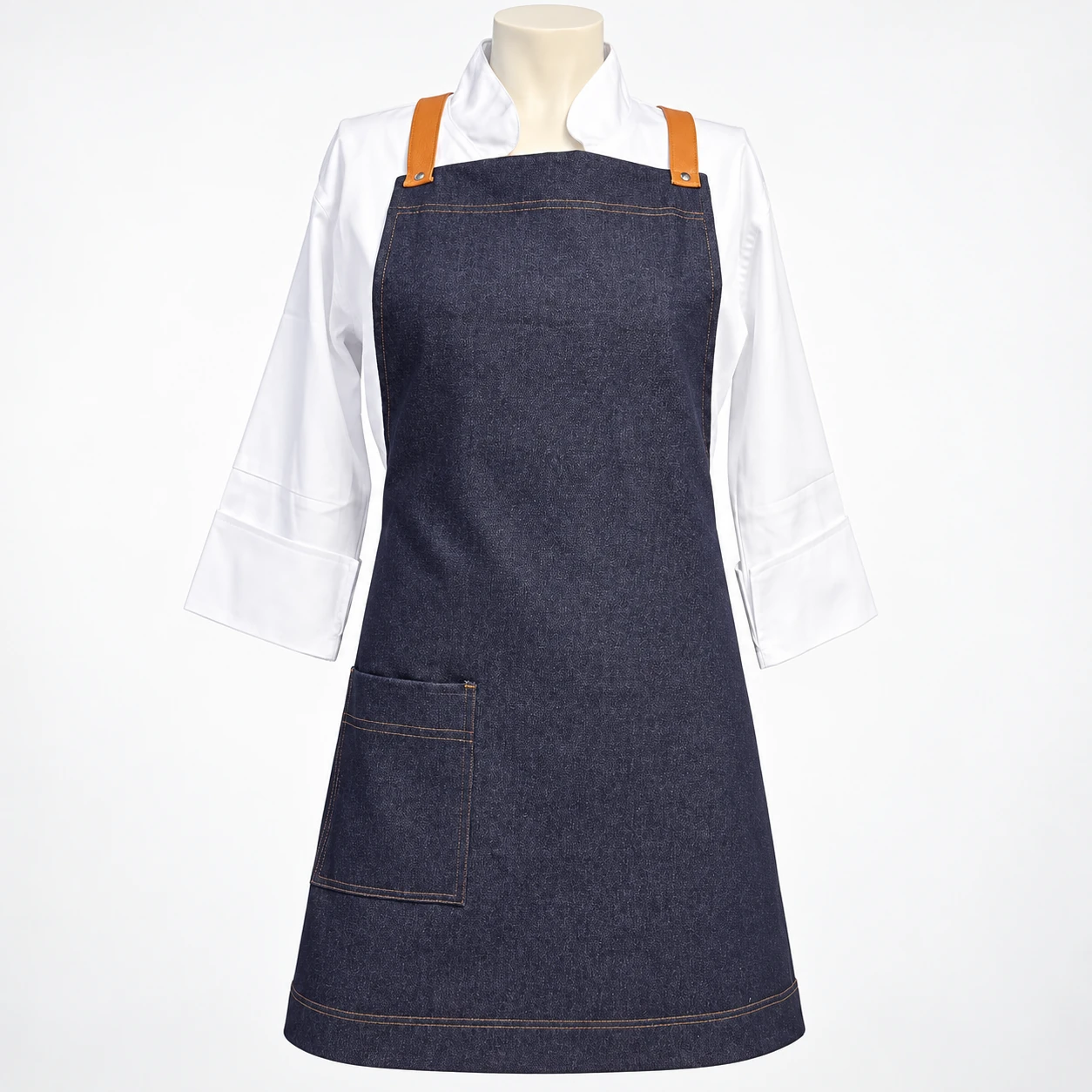 pechera de mezclilla azul con tiras mostaza y bolsillo delantero, vista frontal